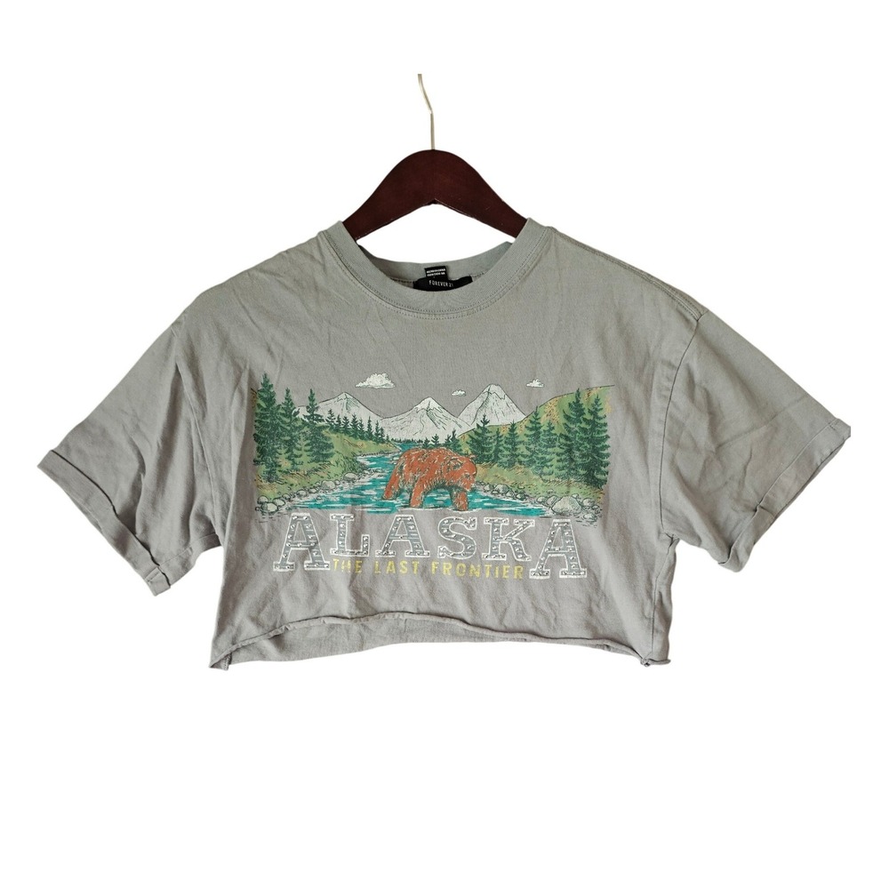 Forever 21 Womens Alaska Grizzly Bear Graphic Crop Top Sage Green Rhinestone S